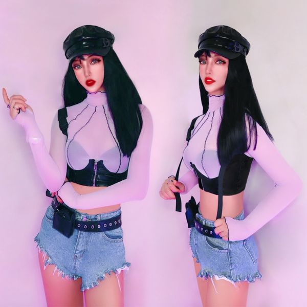 

stage wear costumes mesh long sleeved short fashion denim shorts hip hop clothing dj outfit jazz dance dn6329, Black;red