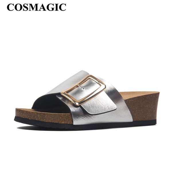 

cosmagic fashion summer women wedge cork slipper 2020 beach outside non-slipe buckle trifle platform med heel slide shoe, Black