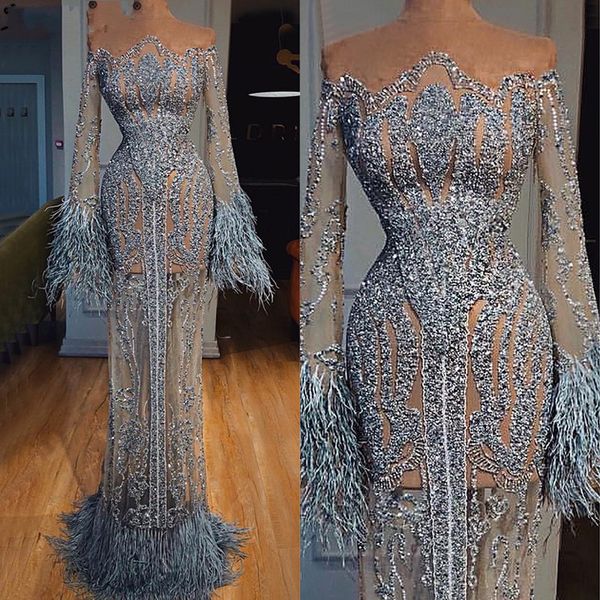 

See Through Feathers Sequined Prom Dresses Dubai Illusion Long Sleeve Robe De Soiree Luxury Mermaid Evening Gowns Special Occasion Dress