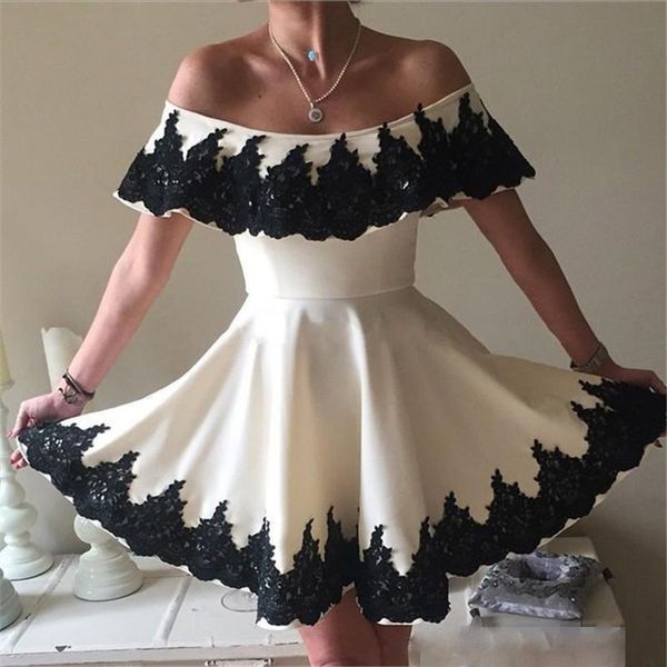

simple black appliques homecoming dress a line off the shoulder short satin back zipper elegant cocktail prom dresses, Blue;pink