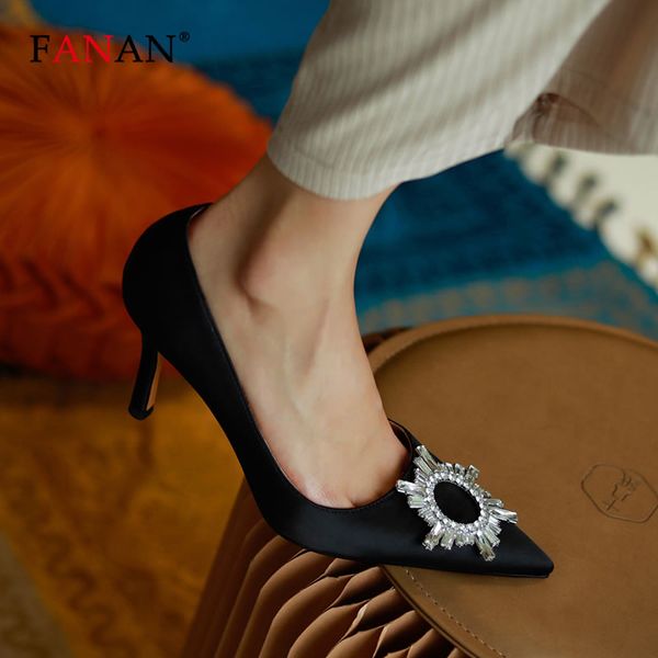 

fanan comfortable high heels pumps satin upper slip-on shoes crystal flower shallow pointed toe women's pumps, Black