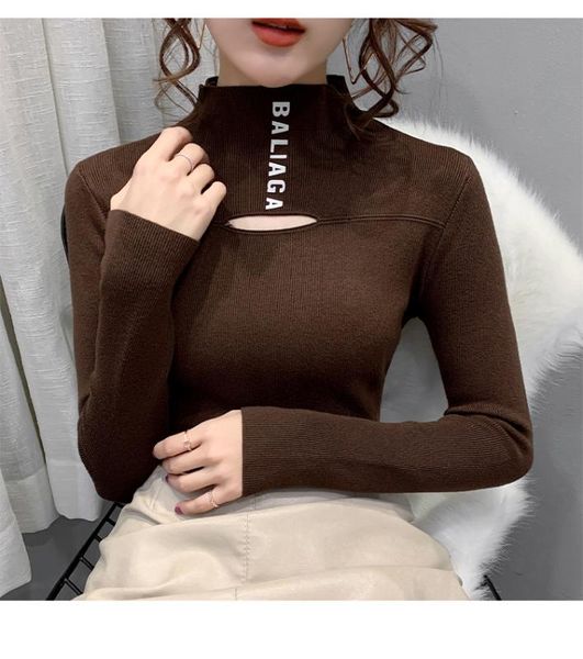 

semi-turtleneck sweater for women 2020 autumn/winter new fashionable hollow-out and tight knit women's t-shirt, White