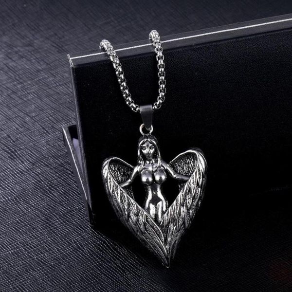 

2020 western vintage hip-hop plain pendant necklace stainless steel angel pendant necklace trendy male jewelry, Silver
