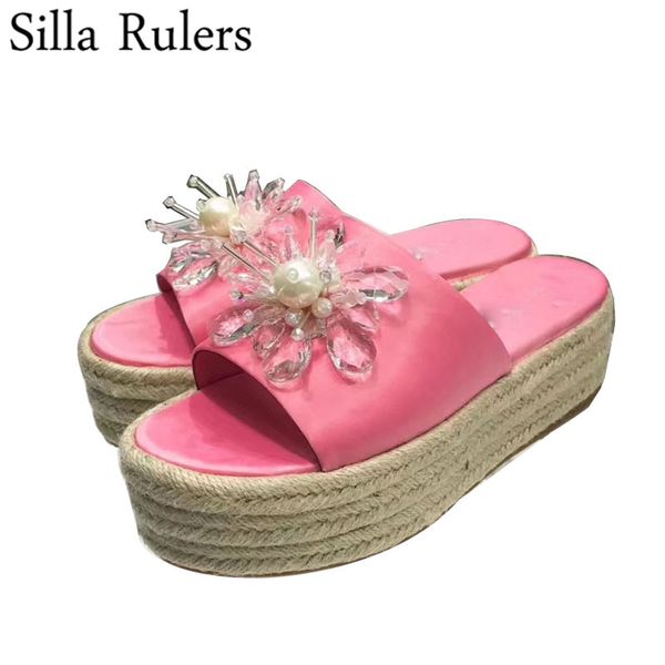 

2020 new tick sole silk slippers woman peep toe straw crystal high platform summers mules woman runway bling slippers, Black