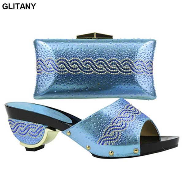 

sky blue color italian ladies shoes and bag set decorated with rhinestone nigerian party shoes and bag set african women, Black