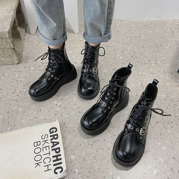

2020 мода круглого toe пряжка мотоциклы сапоги женщина узелок платформа пинетка dropshipping зима женщины черный pu ботильоны, Black