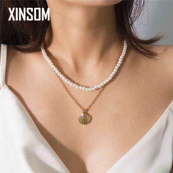 

xinsom 2 pcs/set bohemian shell pendant necklace for women elegant pearl statement necklace summer fashion jewelry gift 20xs833, Silver