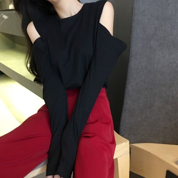 

women dresses fashion womens clothing store 2020 korean style new style elegant slimming long-sleeved loose off-shoulder brushed t-shirt, White