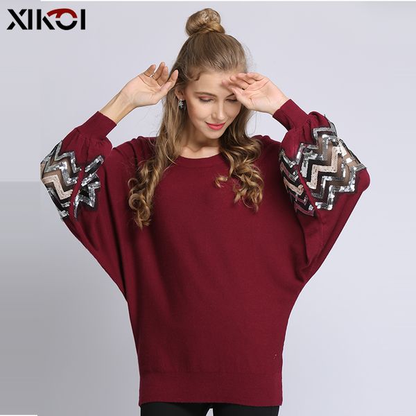 

xikoi sweater women autumn winter new solid color base sweater long sleeve o neck fashion loose puff sleeve female, White;black