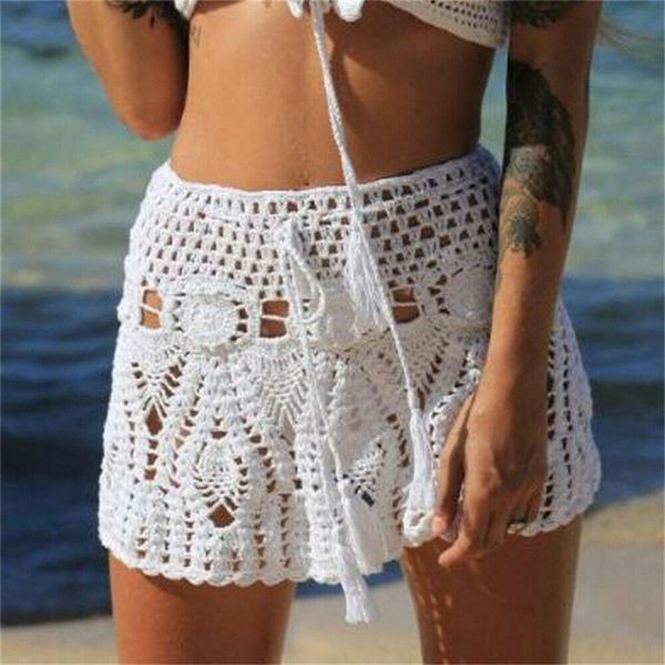 

women's swimwear candy color handmade cotton knitted crochet mini skirts women summer hollow out high waist beach bottoms bathing suit, White;black