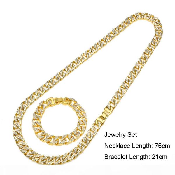 

мужчины hip hop bling комплект ювелирных изделий 24k позолоченный полный cz miami кубинское link ожерелье браслет iced out цепи 76см 21см, Silver