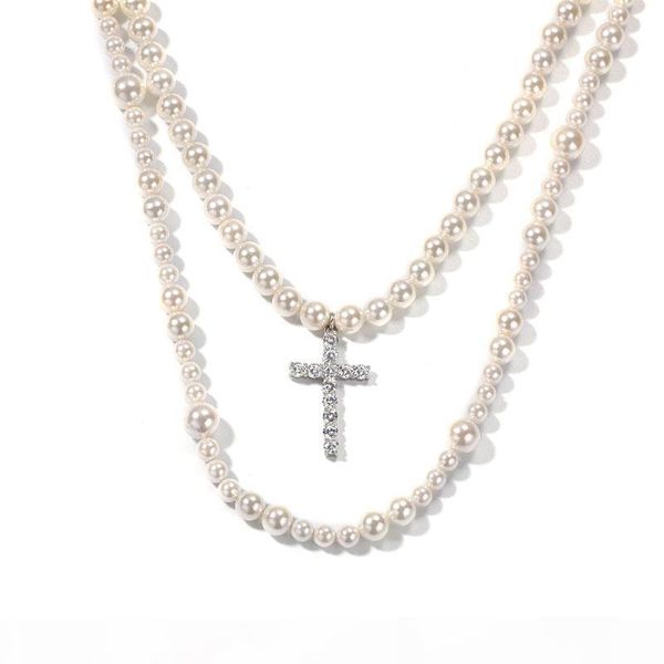 

exquisite 2 layers beads white shell pearl hiphop chains necklaces with bling cubic zirconia cross pendant fashion jewelry, Silver