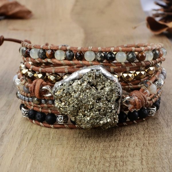 

raw boho mixed natural stones 5 strands wrap handmade pyrite charm leather bracelet women bracelets y200730, Black