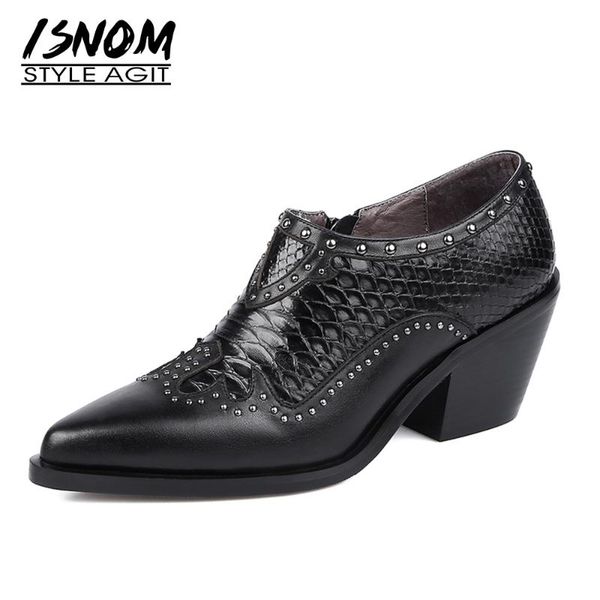 

isnom emboss leather pumps women rivets fish scale pointed toe shoes woman genuine leather zip spike heel pumps thick 2021, Black
