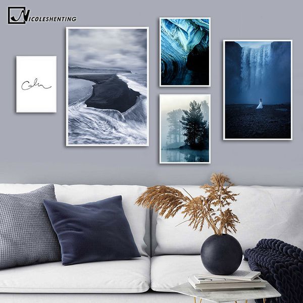 

waterfall beach misty forest landscape picture nature scenery scandinavian poster nordic style print wall art canvas painting