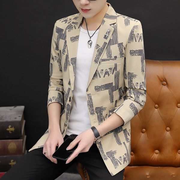 

2020 new men's autumn printing suit youth slim casual double buckle thin blazer, White;black