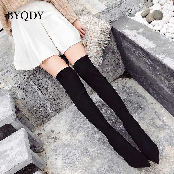 

byqdy fall winter flock leather women over the knee boots zipper high heels thigh high woman shoes long bota feminina, Black