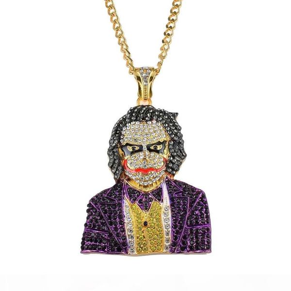 

hip hop clown diamonds pendant necklace for men women 5mm 76cm stainless steel cuban chain alloy rhinestone golden luxury pendants jewelry, Silver