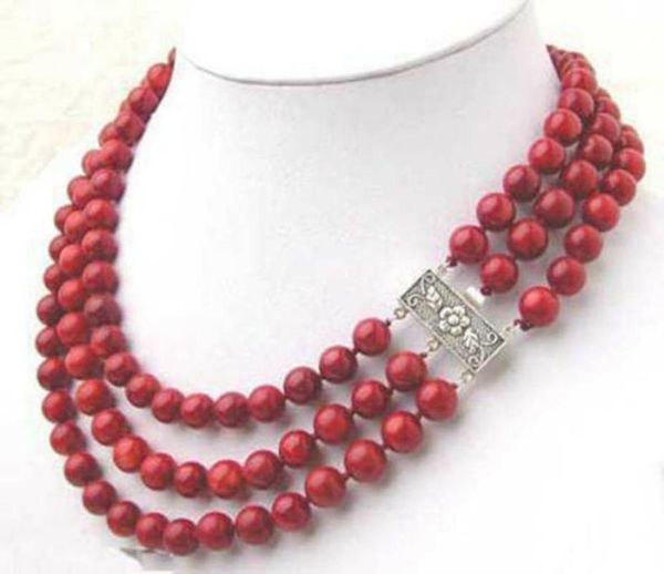 

fashion 3 rows 8mm red coral necklace 18, Silver