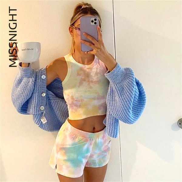

women's tracksuits missnight tie dye women vest tank shorts knitted 2 piece set y2k crop high waist sleevess streetwear casual lounge w, Gray