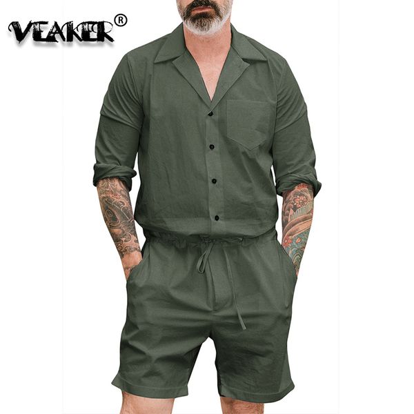 

2020 new men's summer jumpsuit cargo short pants set male full sleeve overalls mens rompers single breasted jumpsuits, Gray