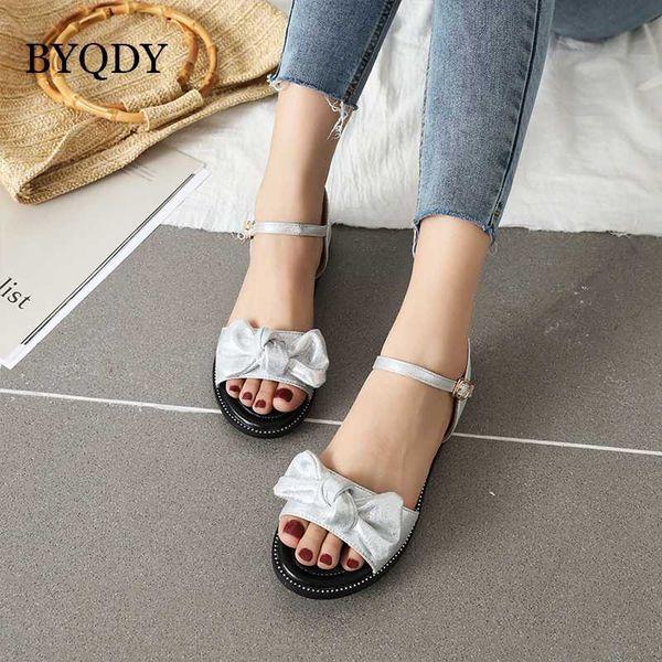 

byqdy 2020 summer open toe woman sandals bow female shoes back strap square heel low heels pink golden silver shoes plus 41-43, Black