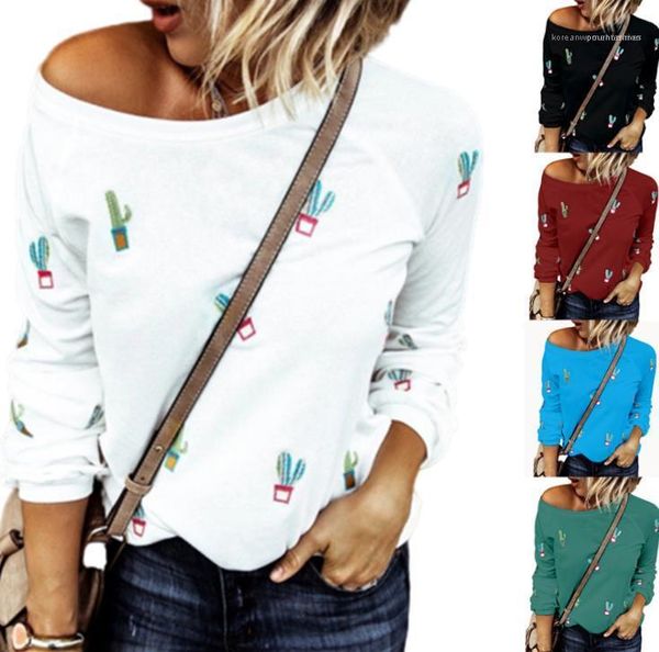 

шея свободных топов женской одежды осень женщина дизайнер tshirts мода симпатичный маленький кактус отпечатанного с длинным рукавом crew, White