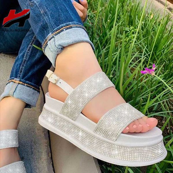 

nan jiu mountain 2020 women's summer mid heel sandals open toe rhinestones outdoor beach shoes fashion plus size 43, Black