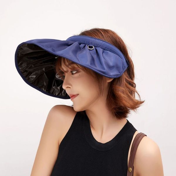 

women summer solid color empty sun hat uv protection large wide brim shell shaped foldable outdoor beach visor cap, Blue;gray