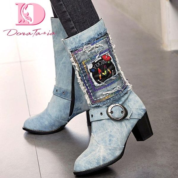 

doratasia big size 48 fashion denim chunky high heels 2020 autumn winter shoes women mid-calf boots, Black