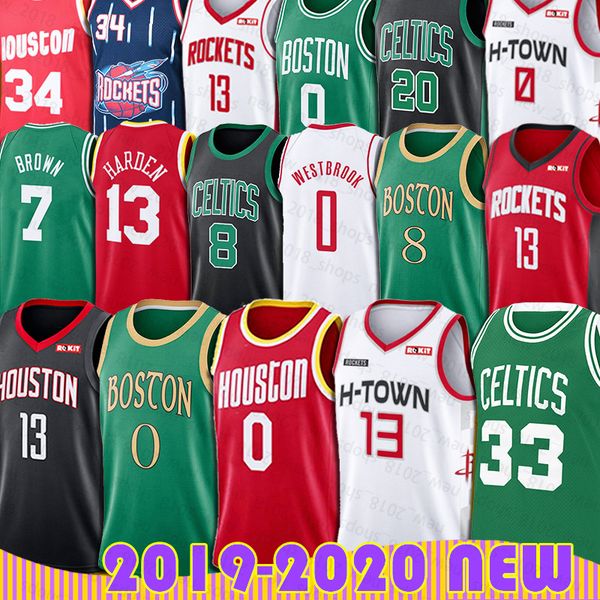 

russell jayson 0 westbrook tatum jersey james kemba harden walker rocket hakeem jaylen olajuwon brown larry boston celtics bird, Black;red