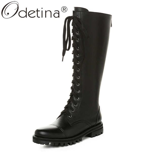 

odetina women fashion platform block mid heel round toe knee high boots winter cow leather lace up cross-tied motorcycle boots, Black