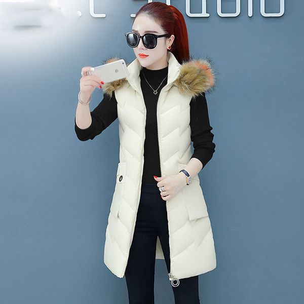 

women vest winter jacket pocket fur hooded coat warm casual cotton padded long vest female sleeveless waistcoat, Black