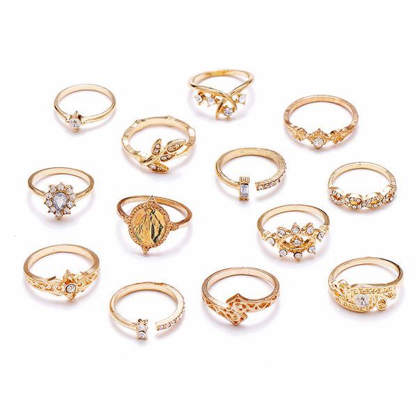

13 pcs/set vintage jesus rings set women fashion crystal cross leaf hollow geometric mid finger rings party jewelry accessories, Golden;silver