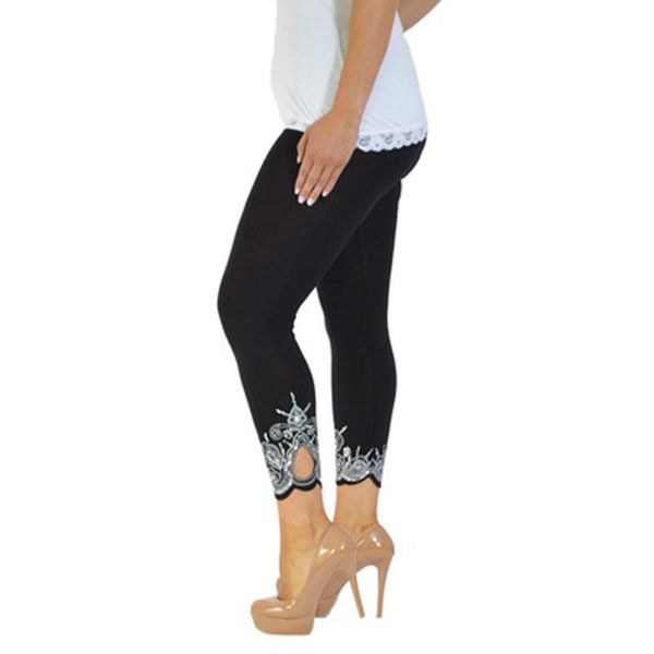 

s-5xl 2020 european and american stitching style slim slimming printed cropped trousers leggings female om1049, Black
