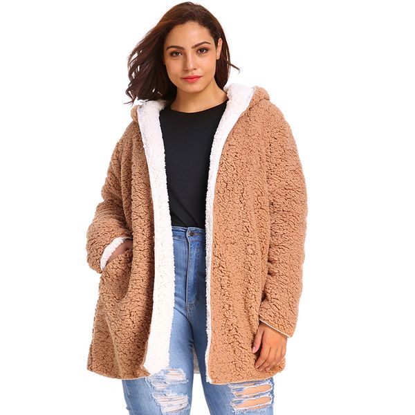 

new women's lambswool coat reversible hooded faux fur long jacket elegant female hairy overcoat outerwear plus size 6xl, Black
