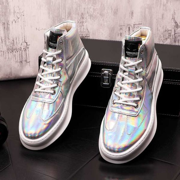 

patent leather hip-hop men shoes punk sneakers young men high trainers ankle boots zapatillas hombre, Black