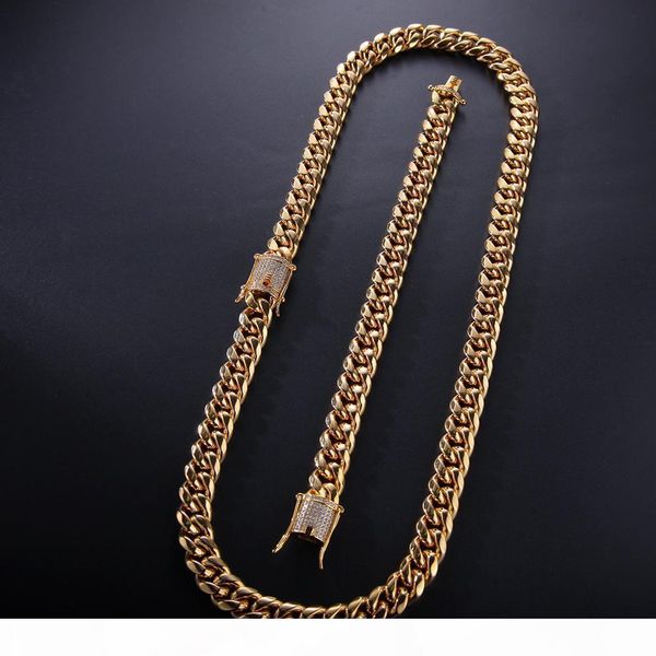 

12mm 14mm mens cuban miami link bracelet & chain set rhinestone clasp stainless steel gold hip hop necklace chain jewelry set, Silver