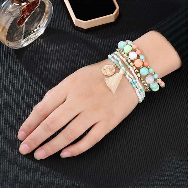 

crystal multicolor beads weave tassel bracelet multilayer coin bracelets for women new punk pulseira accessories gift, Golden;silver