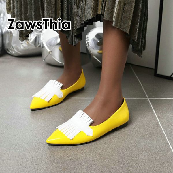 

zawsthia 2020 yellow ladies ballet flats shoes women loafers slip on ballerina flat patent pu leather point toe big size 48 47, Black