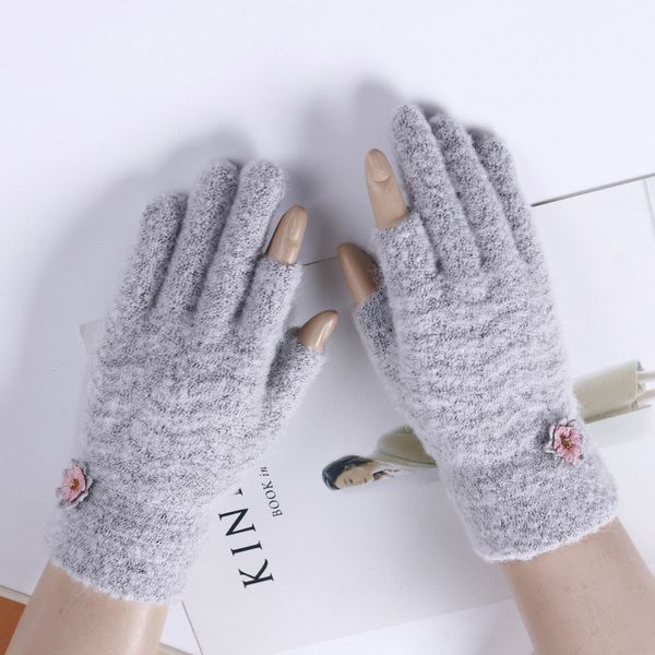 

five fingers gloves women' fashion finger thumb index knit touch phone screen winter women cashmere warm cute flower a49, Blue;gray
