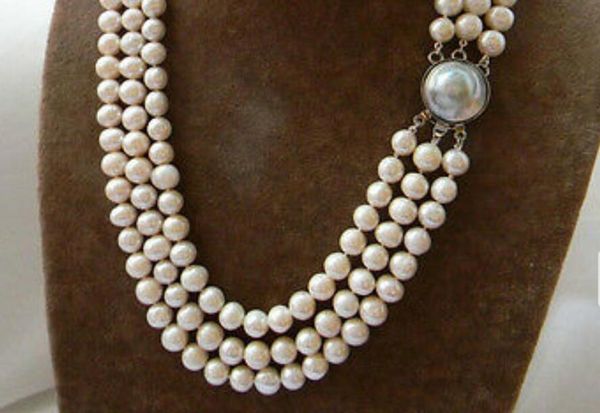 

chains 3strands 9-10mm white round freshwater pearl mabe clasp necklace 18", Silver