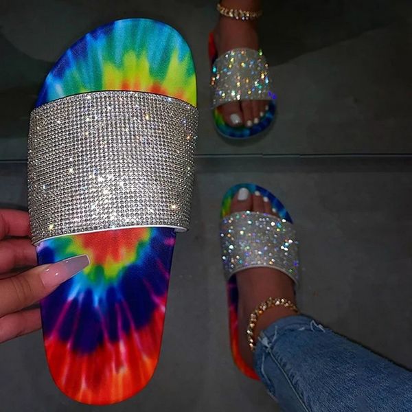 

2020 women summer beach slipper rhinestones bohemian mix-color sandals handmade crystal thick bottom outdoor casual slippers, Black