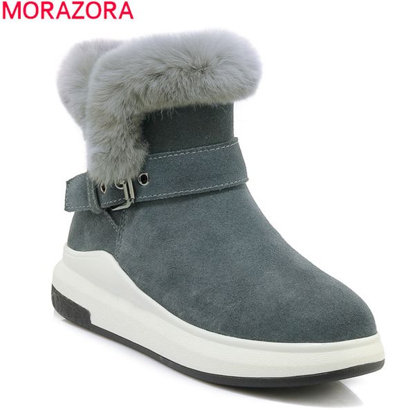

boots morazora 2021 brand keep warm snow comfortable flat heel round toe with fur shoes woman winter fashion ankle, Black