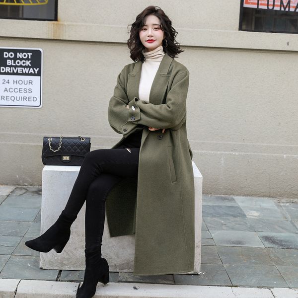 

woolen coat female long section 2020 new autumn and winter korean version of the knee popular temperament, Black