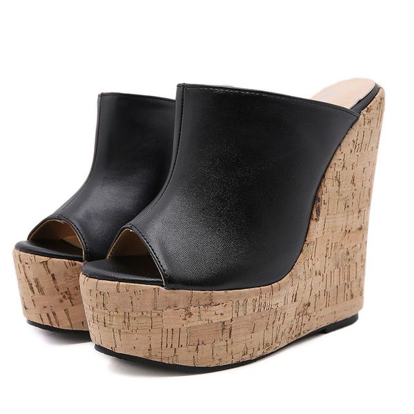 

preto branco women's sandals ladies slanted fish toe 35 42 pu black high wedge slippers -a60-40