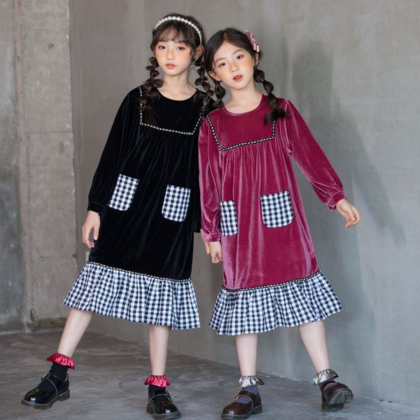

girls dress patchwork 2020 new baby princess dress fall children clothes midi kids plaid dress loose fishtail gold velvet, Red;yellow
