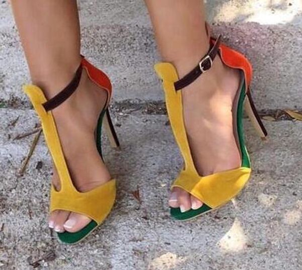 

мода смешанный цвет тонкие высокие каблуки t-ремень сандалии женщин peep toe flock вскользь сандалии леди пряжки ремень stiletto высокие каб, Black