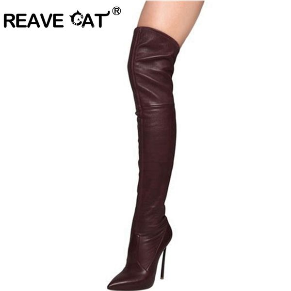 

reave cat big size 33-43 pu women boots over the knee long boots thin heel botas feminina slip on female botas mujer a1261, Black