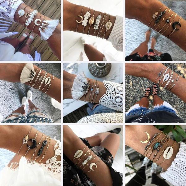 

12 Styles Bohemia Bangles For Women Stone Gold Chain Fashion Crescent Vintage Beach Shell Tassel Luxury Jewelry